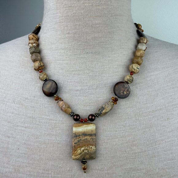 Chunky Jasper Stone MOP Beaded Necklace 22.75" - Picture 1 of 8